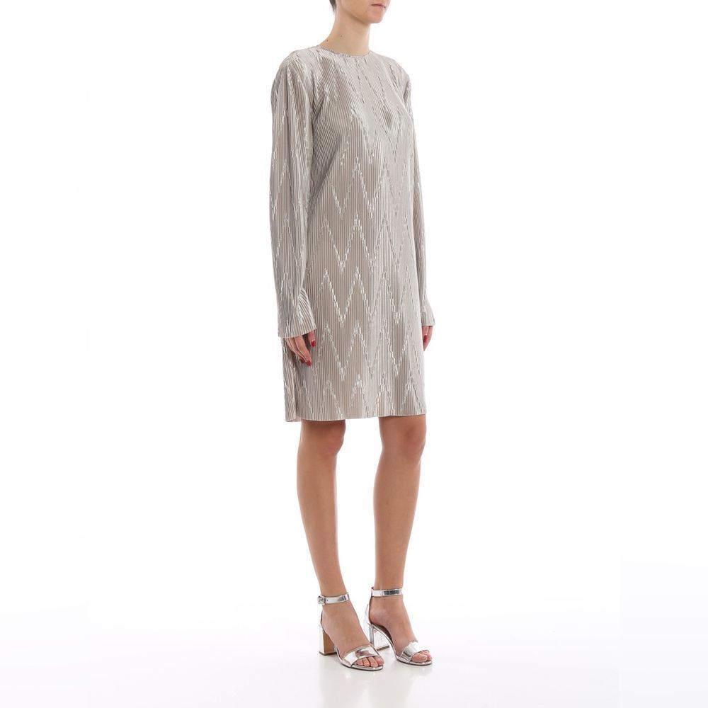 Givenchy Silver Long Sleeve Zig Zag Plisse Midi Dress 42 FR 10 US